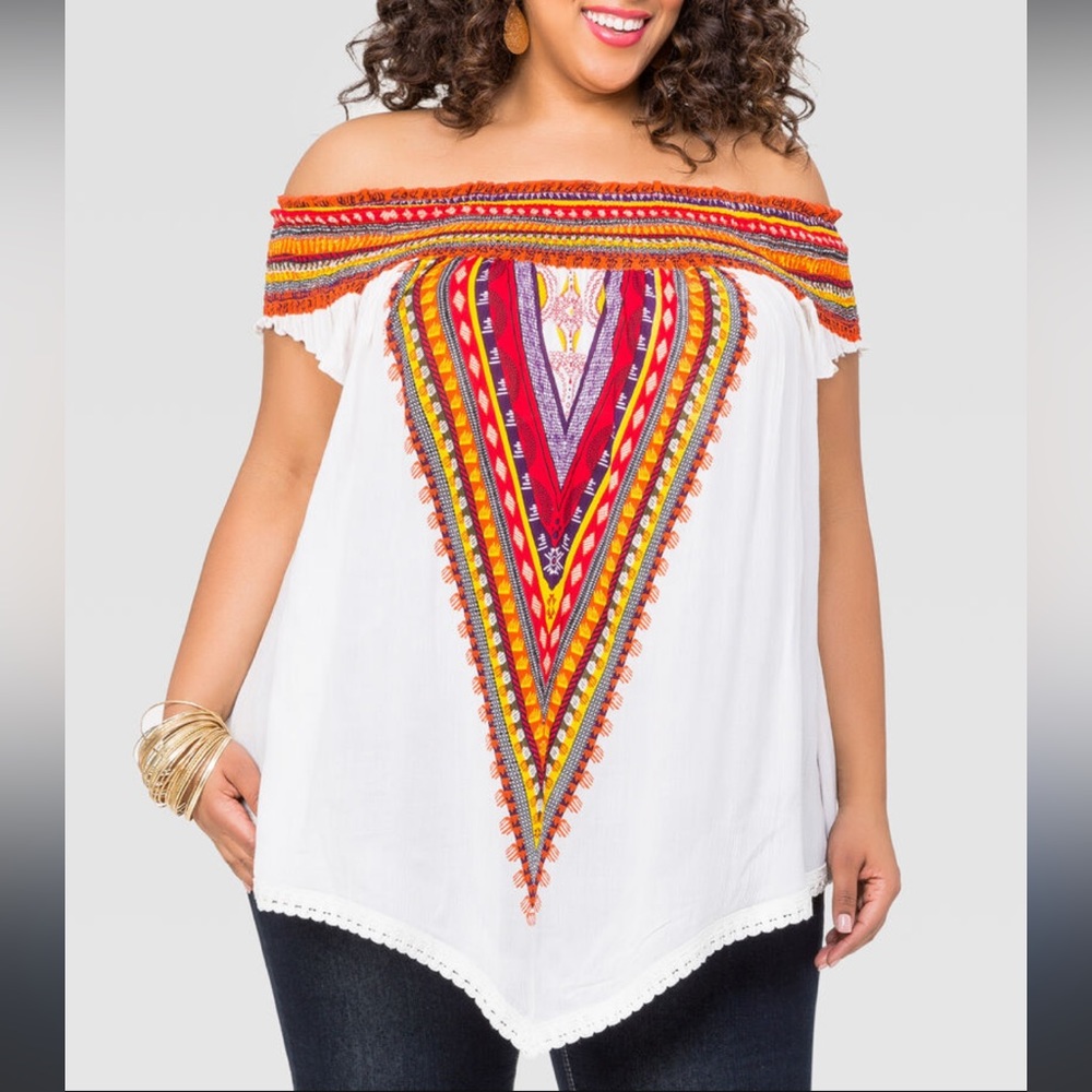 ZAFUL Tunic Womens Plus Size 2X Off Shoulder Flowy Tribal Blouse